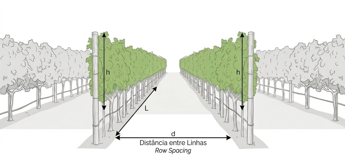 Esquema da parede foliar numa vinha, com altura h, comprimento de linha L e distância entre linhas d